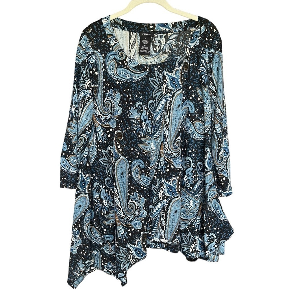 Premise 3/4 Sleeve Handkerchief Hem Tunic Top Womens XL Blue Knit Paisley Print